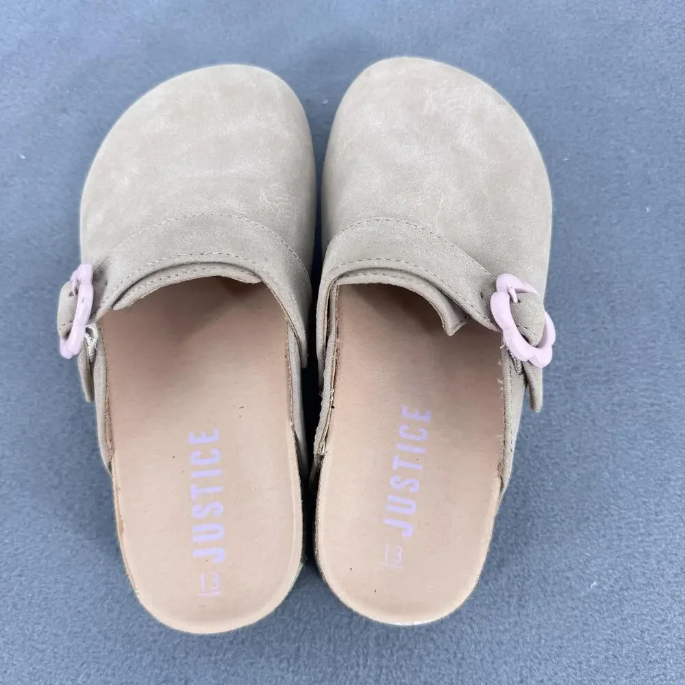 Justice Clog Shoes Girls Size 13‎ Beige Flower Buckle Slip On Platform Mules